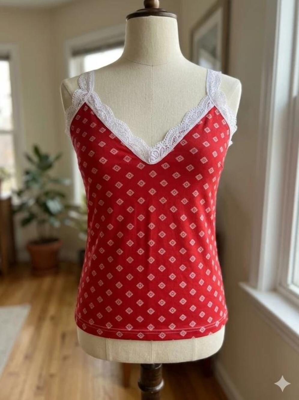 Red Patterned Camisole with White Lace V-Neck & Straps